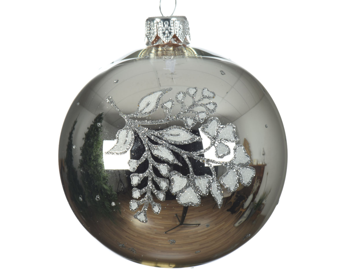 Kaemingk Weihnachtskugel Glas mit Zweig und Blume, silber D8 cm Ansicht 1
